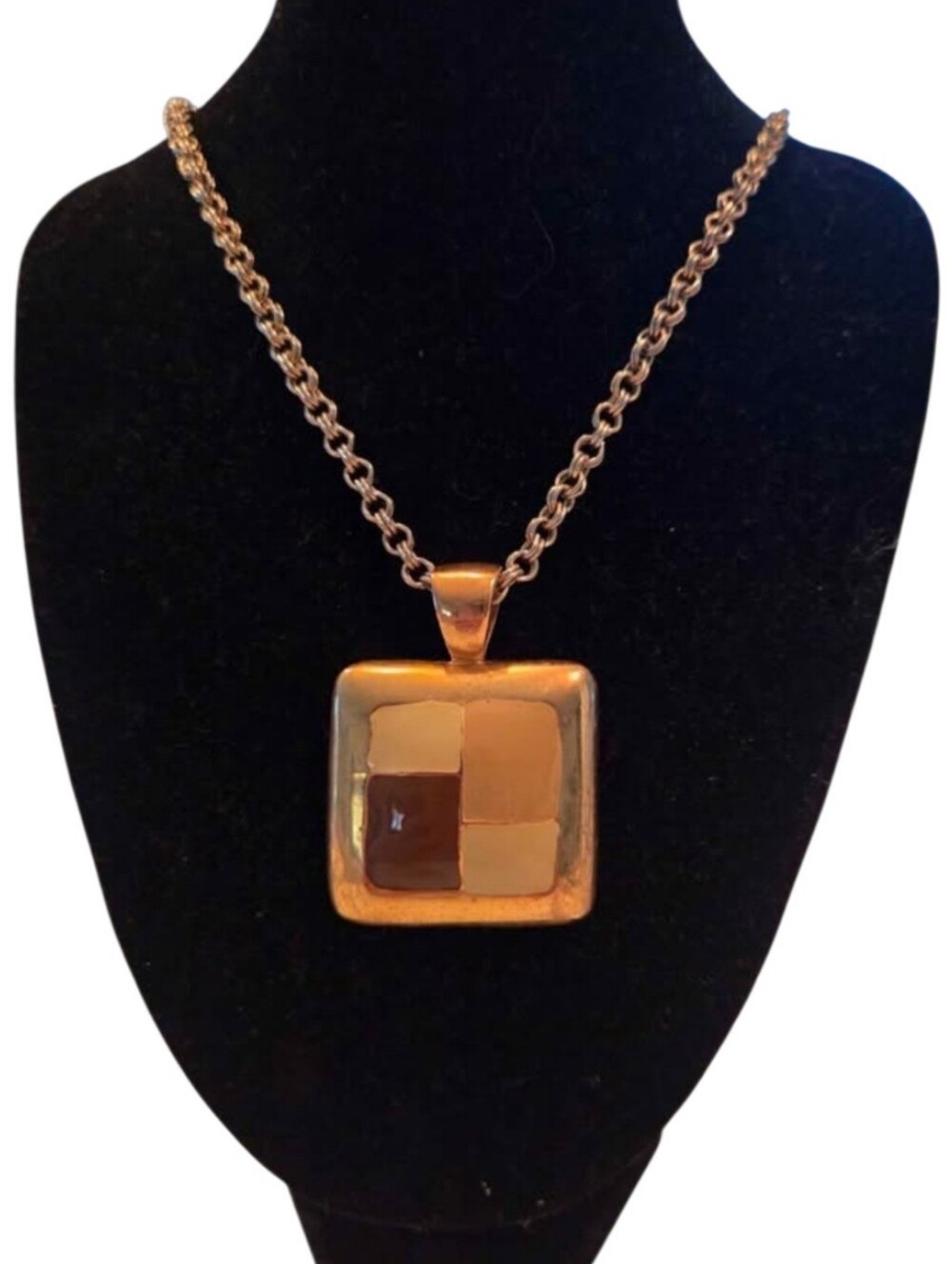 Vintage Avon Modernist Gold Tone Mosaic Square Pendant Necklace